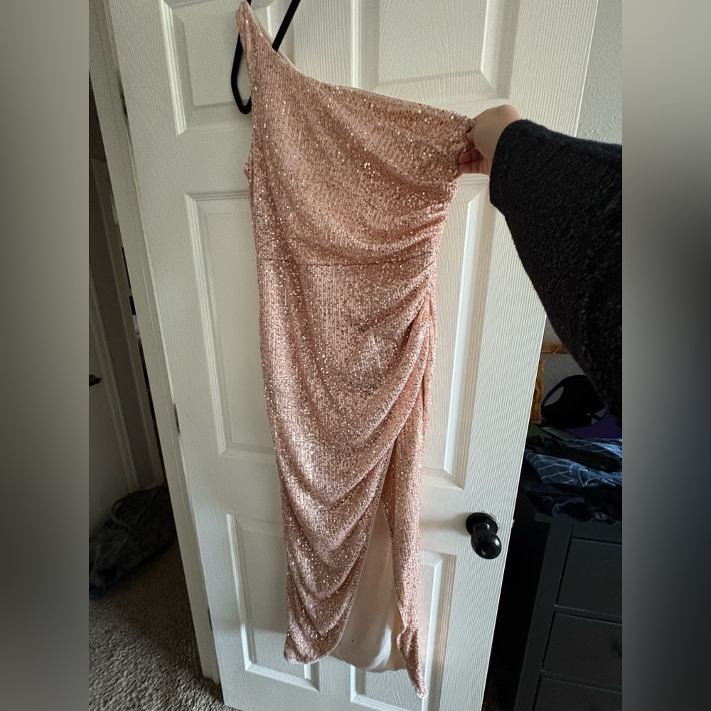 Rose Gold Sequin One Shoulder Party Dress
